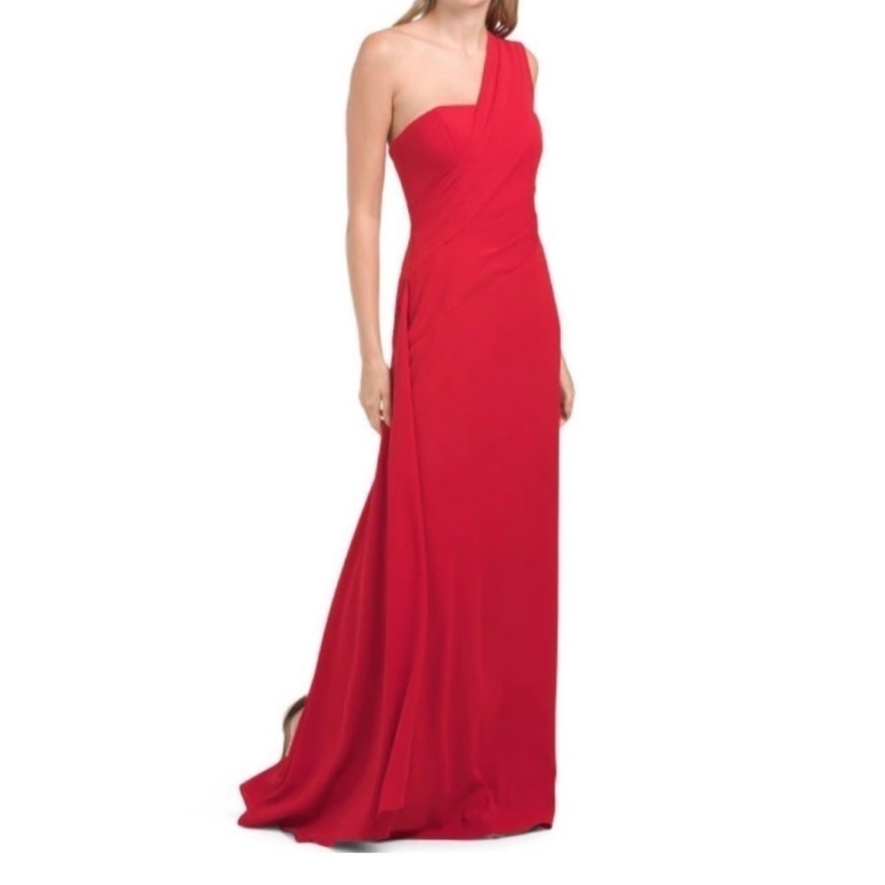 RENE BY RENE RUIZ Women’s Multi-layered One Shoulder Draped Red Gown Size 4